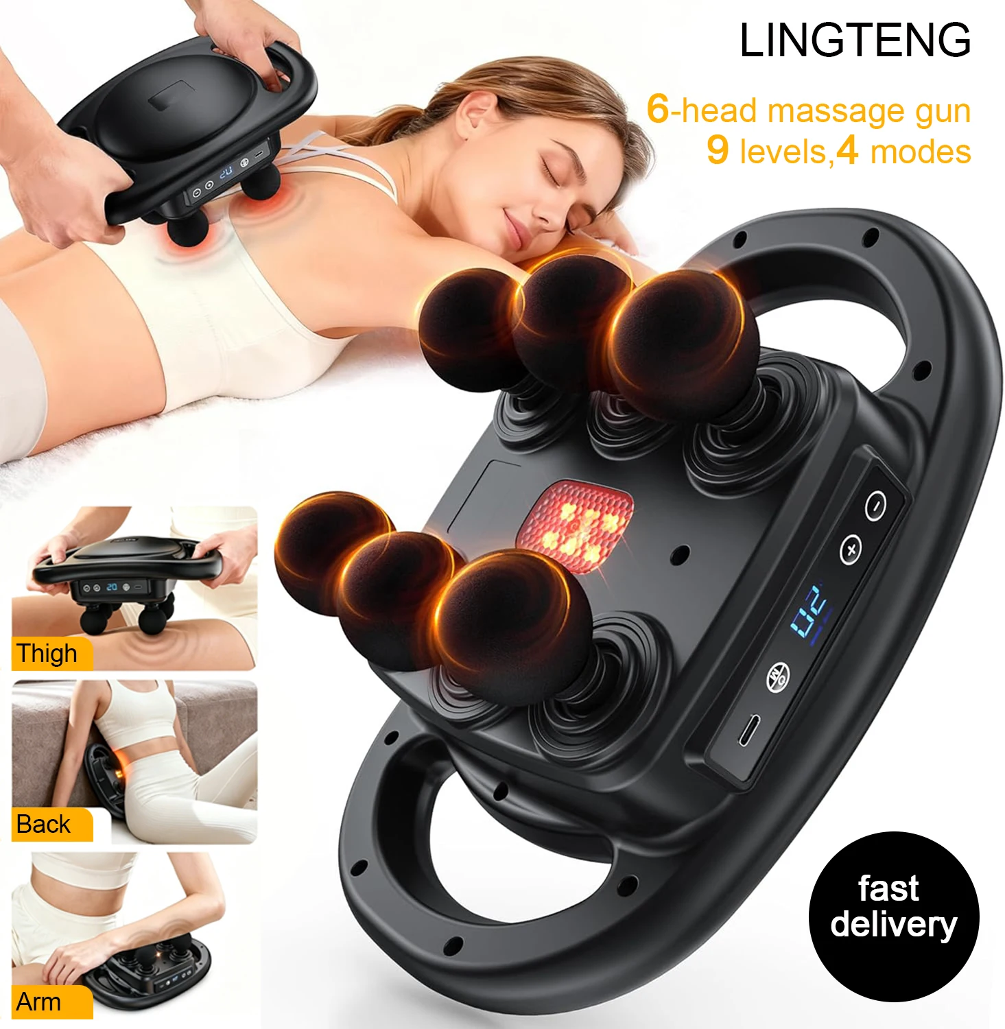 LINGTENG Deep Tissue Massage Gun with 6 Massage Heads & 9-Speed Handheld Muscle Massager